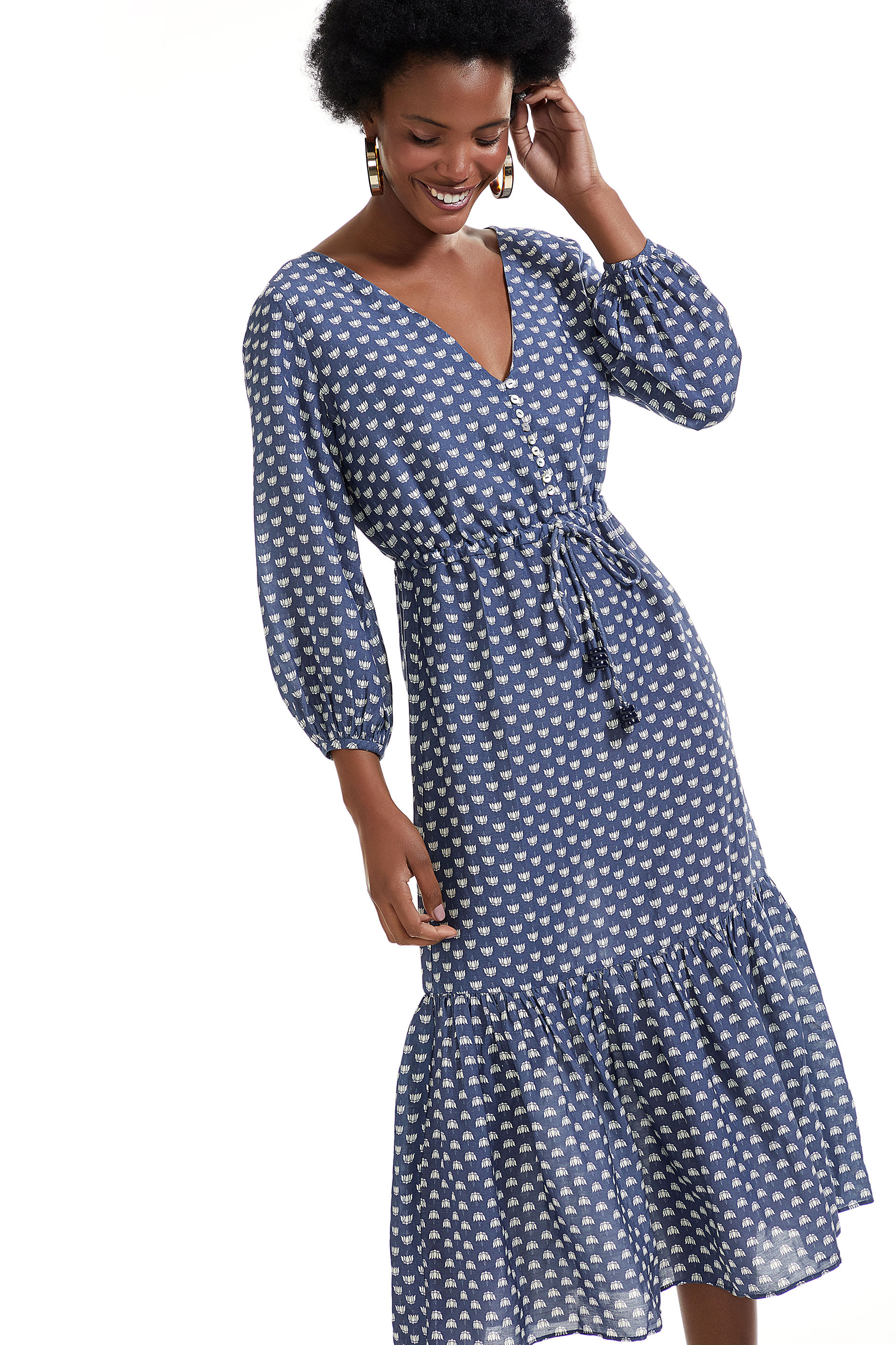 Vestido Estampa Lotus Manga Longa Babado Lojaabrand